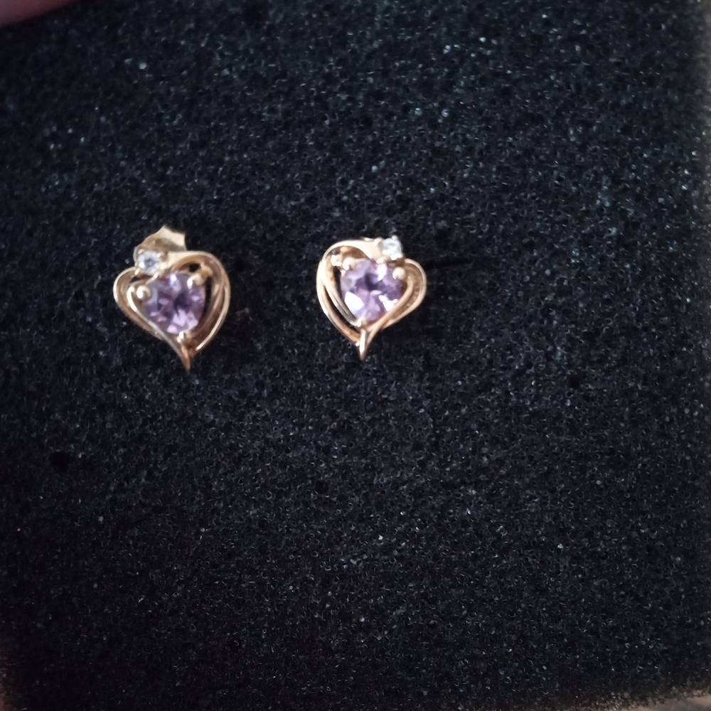 Gold Heart-Shaped Earrings with Purple Gemstone
